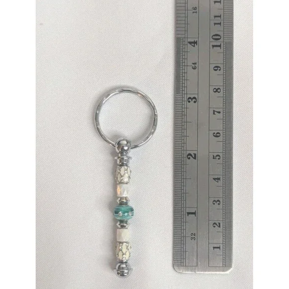 Beaded Keychain, Bag Charm, Accessory - Green, White, Bling, Handmade - Picture 3 of 3